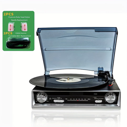 Vintage Vinyl Player - 3-Speed, FM Radio, Line/Headphone/3.5mm Out + 128mm Belts & Ruby Tip Styluses -Recordshaven