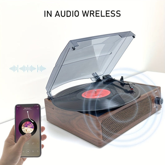 Walnut Vintage 3-Speed Turntable - Built-in Stereo Speakers, RCA Out/Earphone Jack + 3.5mm Wired Headphones -Recordshaven