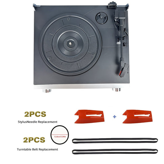 Vintage Vinyl Player - Belt-Drive, FM Radio, Line/3.5mm Out + 2 Ruby Needles, 2 Belts & 3.5mm Wired Earbuds -Recordshaven