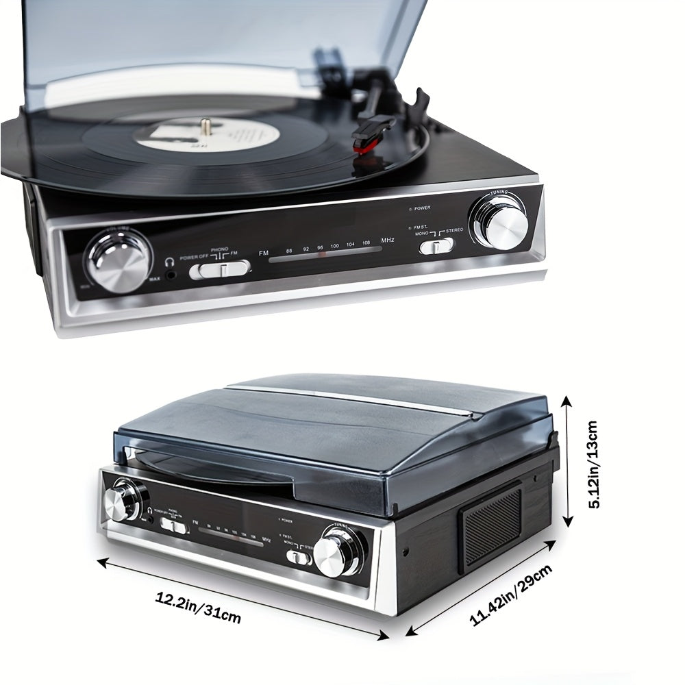 Retro Wooden Belt-Driven Record Player - 3-Speed, FM Radio, Headphone/Line Out (Ideal Valentine’s Gift) -Recordshaven