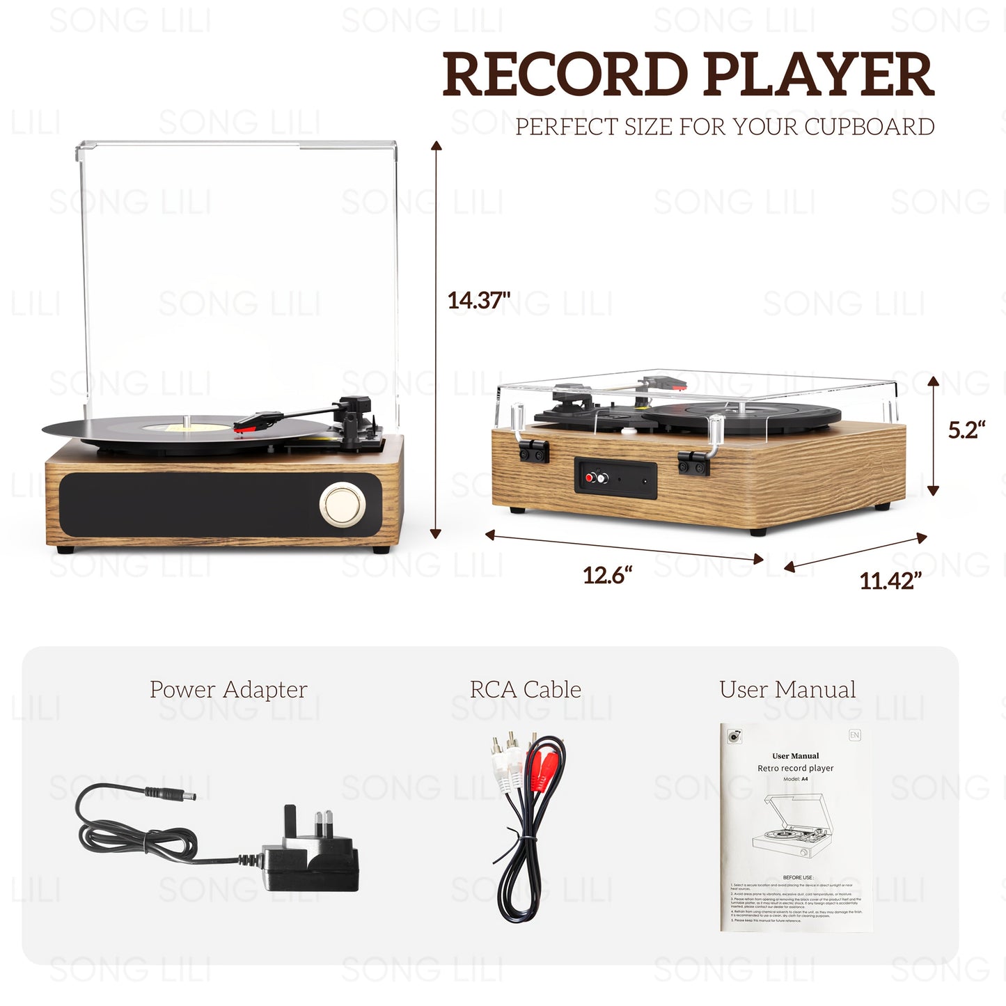 Maio A4 Vintage Belt-Driven Turntable - 3-Speed (33/45/78 RPM), Built-in Speakers & RCA/Aux/Headphone Jack -Recordshaven