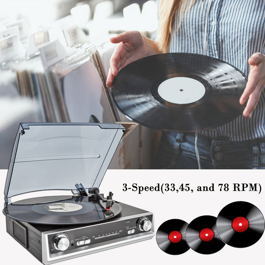 Retro Wooden Belt-Driven Record Player - 3-Speed, FM Radio, Headphone/Line Out (Ideal Valentine’s Gift) -Recordshaven