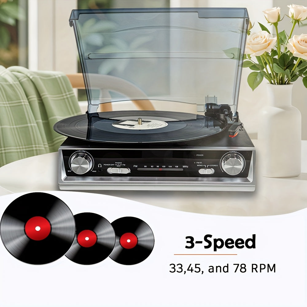 3-Speed Belt-Driven Vinyl Record Player - Regenerated Wood Cabinet, FM Radio & Multiple Audio Ports -Recordshaven