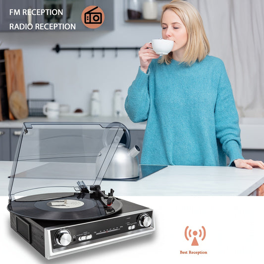 3-Speed Belt-Driven Vinyl Record Player - Regenerated Wood Cabinet, FM Radio & Multiple Audio Ports -Recordshaven