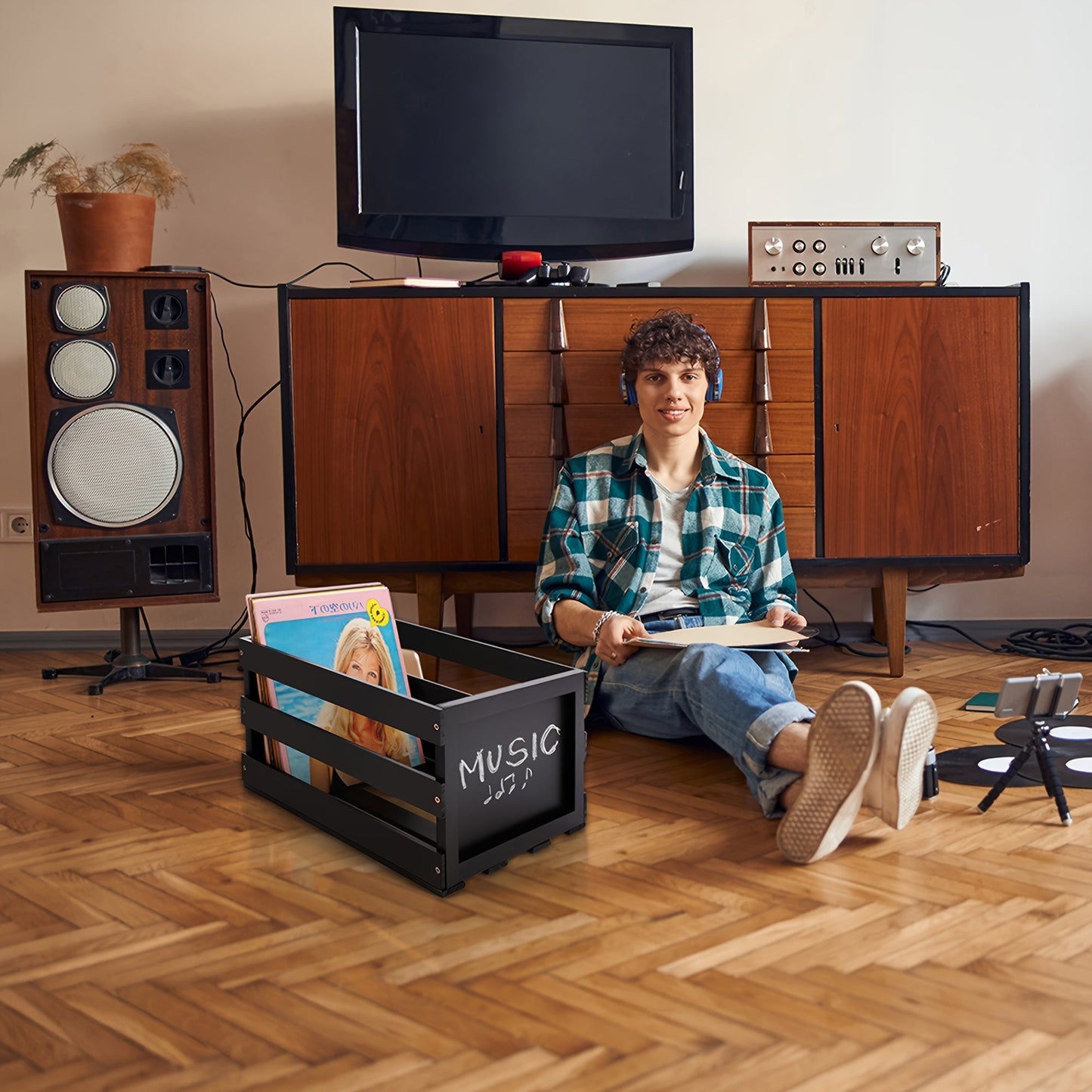 HYNAWIN Wooden Record Storage Box with Blackboard -Recordshaven