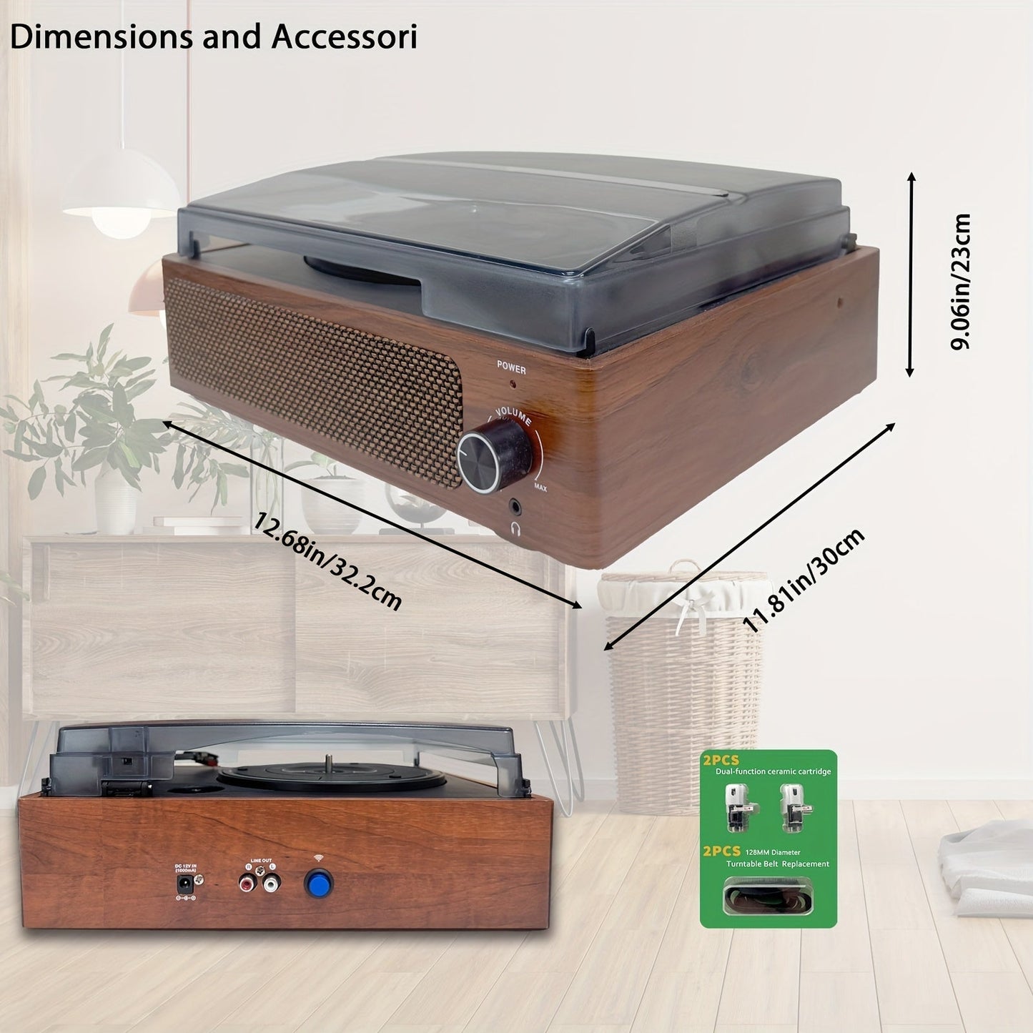 Walnut Vintage 3-Speed Turntable - Built-in Stereo Speakers, RCA Out/Earphone Jack + 2 Cartridges & 2 Belts -Recordshaven