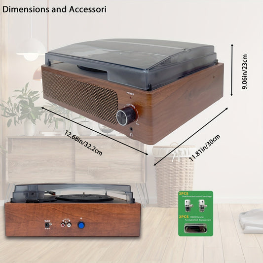Walnut Vintage 3-Speed Turntable - Built-in Stereo Speakers, RCA Out/Earphone Jack + 2 Cartridges & 2 Belts -Recordshaven