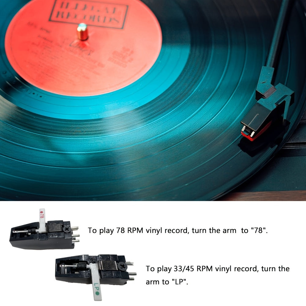 Walnut Vintage 3-Speed Turntable - Built-in Stereo Speakers, RCA Out/Earphone Jack + 2 Cartridges & 2 Belts -Recordshaven