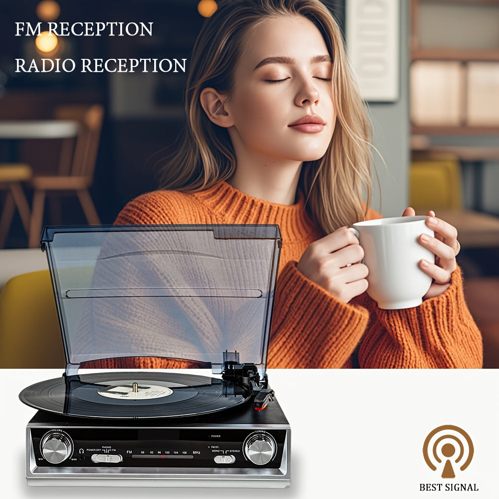 Retro Wooden Belt-Driven Record Player - 3-Speed, FM Radio, Headphone/Line Out (Ideal Valentine’s Gift) -Recordshaven