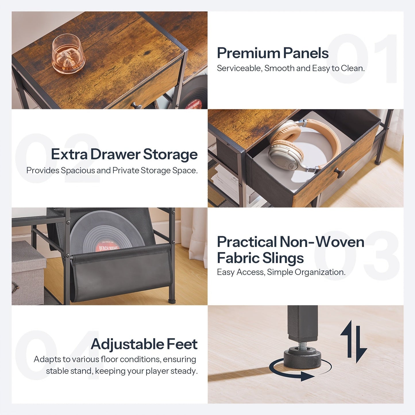 HOOBRO 3-Tier Metal Wood Vinyl Record Stand Side Table (75cm) -Recordshaven