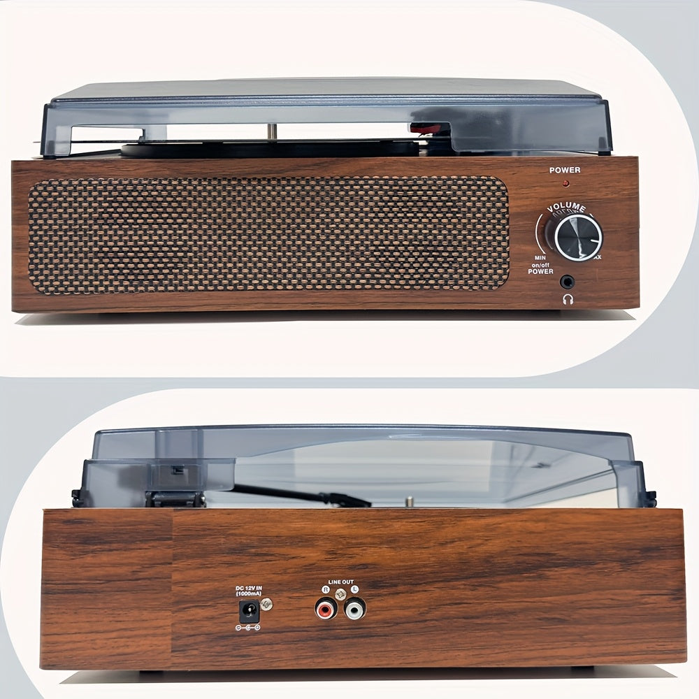 Walnut Vintage 3-Speed Turntable - Built-in Stereo Speakers, RCA Out/Earphone Jack + 3.5mm Wired Headphones -Recordshaven