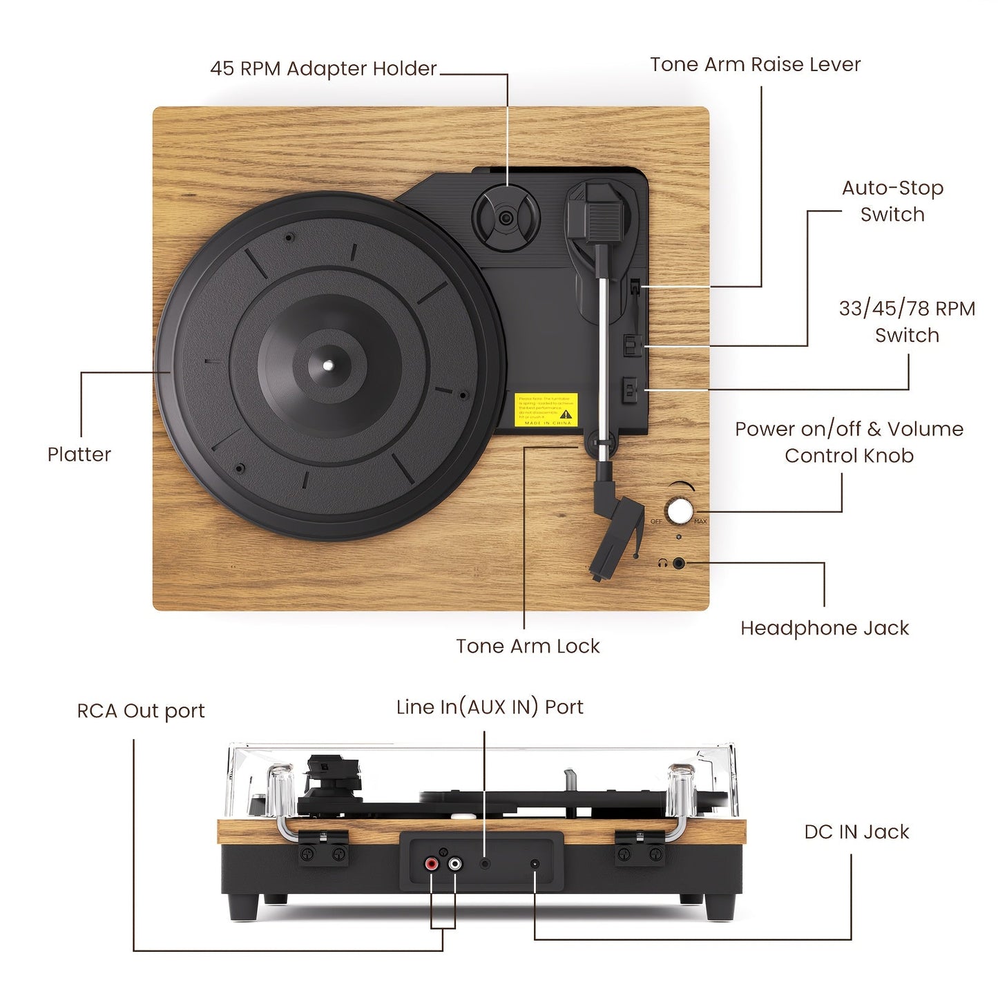 Maio E200Y Belt-Driven Turntable - 3-Speed (33/45/78 RPM), Bluetooth Audio, Built-in Speakers & Multi-Ports -Recordshaven