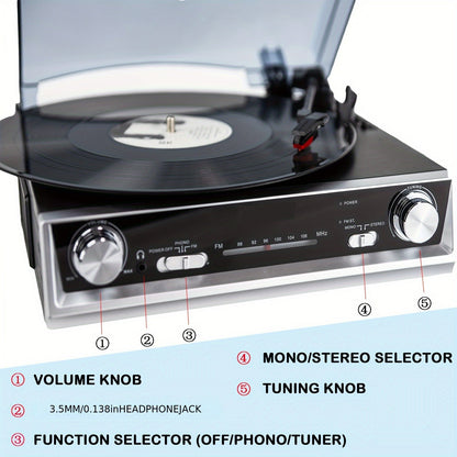 Retro Wooden Belt-Driven Record Player - 3-Speed, FM Radio, Headphone/Line Out (Ideal Valentine’s Gift) -Recordshaven