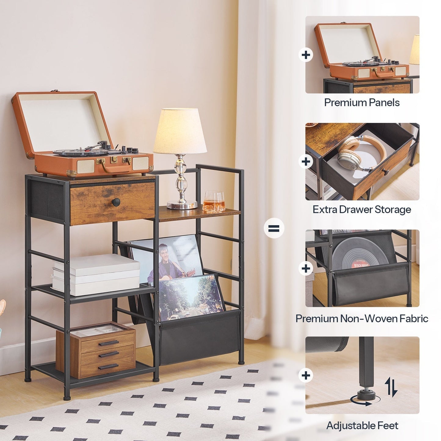 HOOBRO 3-Tier Metal Wood Vinyl Record Stand Side Table (75cm) -Recordshaven